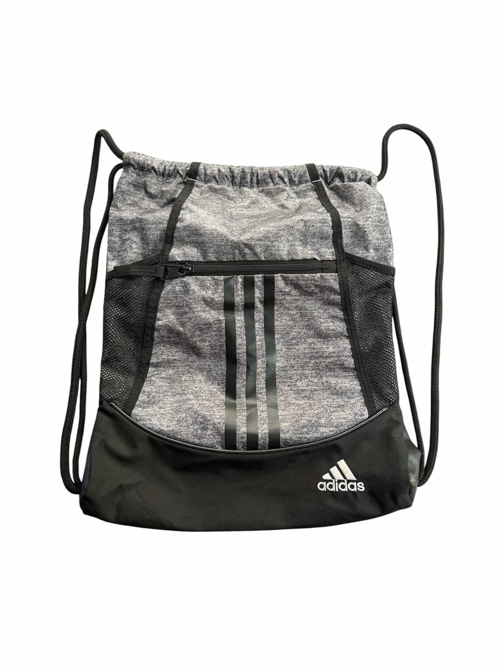 Adidas Gray Heather Drawstring Sackpack Gym Bag 3-Stripe Cinch Backpack Zipper
